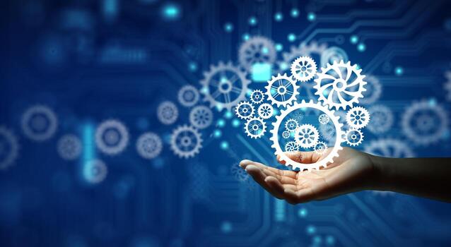Hand Holding Cogwheels Business Idea Teamwork Planing Strategy Cooperation Analysis Solution Photo